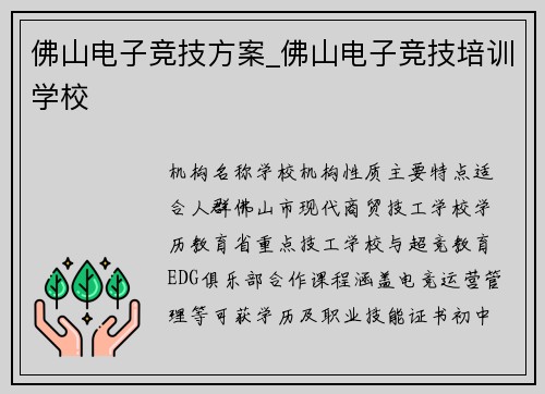 佛山电子竞技方案_佛山电子竞技培训学校